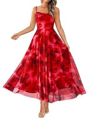 Women's Summer Floral Maxi Spaghetti Strap Floral Red Printed Beach Dress